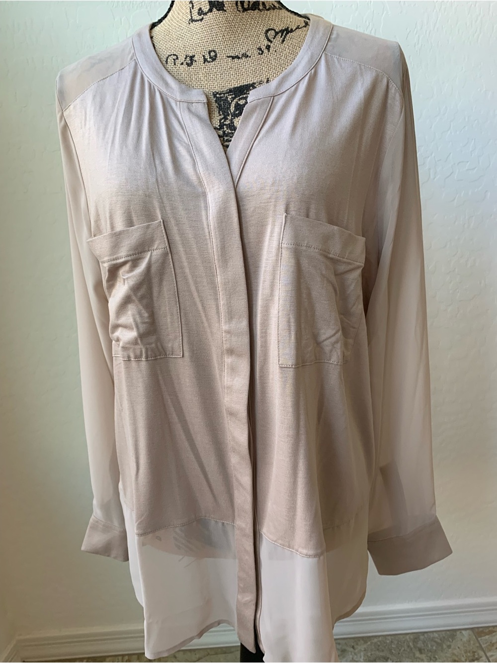 Ann Taylor Pale Taupe Button-Front Long Sleeve Blouse